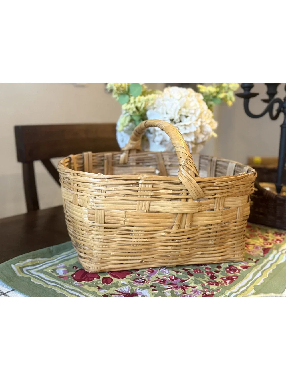 Vintage Handwoven Wicker Basket with Fixed Overhead Handle - Natural Reed/Rattan